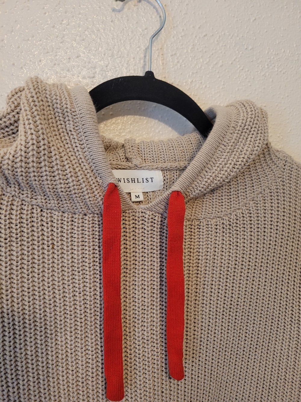 Wishlist Chunky Knit Hooded Sweater Beige Red Trim 100% Cotton Medium - Picture 4 of 9